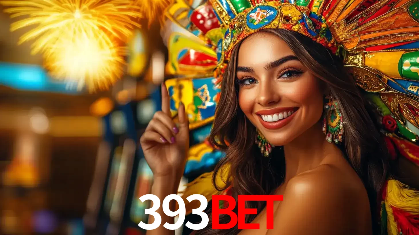 Mulher sorridente com um cocar de carnaval vibrante e colorido, celebrando uma grande vitória nos jogos do cassino 393bet com fogos de artifício ao fundo.