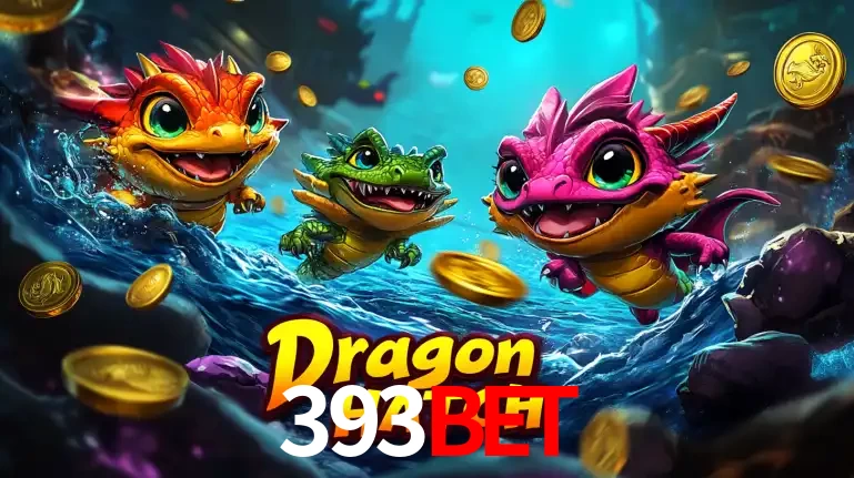 Arte promocional do jogo Dragon Hatch com três adoráveis dragões bebês nadando entre moedas de ouro, um dos slots mais divertidos para jogar no cassino 393bet.