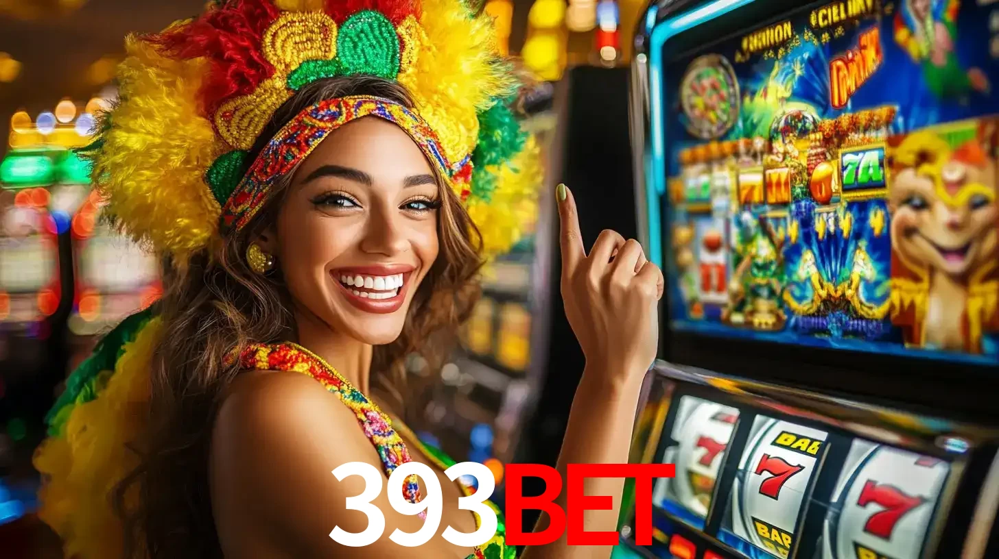 Mulher animada com um cocar de carnaval apontando para uma máquina de caça-níqueis, mostrando a emoção de ganhar um grande prêmio nos jogos do 393bet.