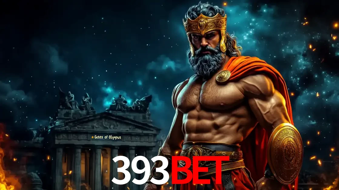 O poderoso Zeus do jogo de slot Gates of Olympus em frente ao seu templo, pronto para lançar multiplicadores divinos e prêmios épicos no cassino online 393bet.