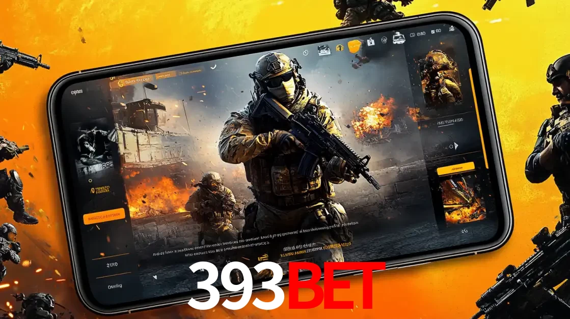 Um smartphone exibindo a interface de um jogo de tiro em primeira pessoa, com um soldado em um cenário de batalha, representando a ação dos e-sports para apostar no 393bet.