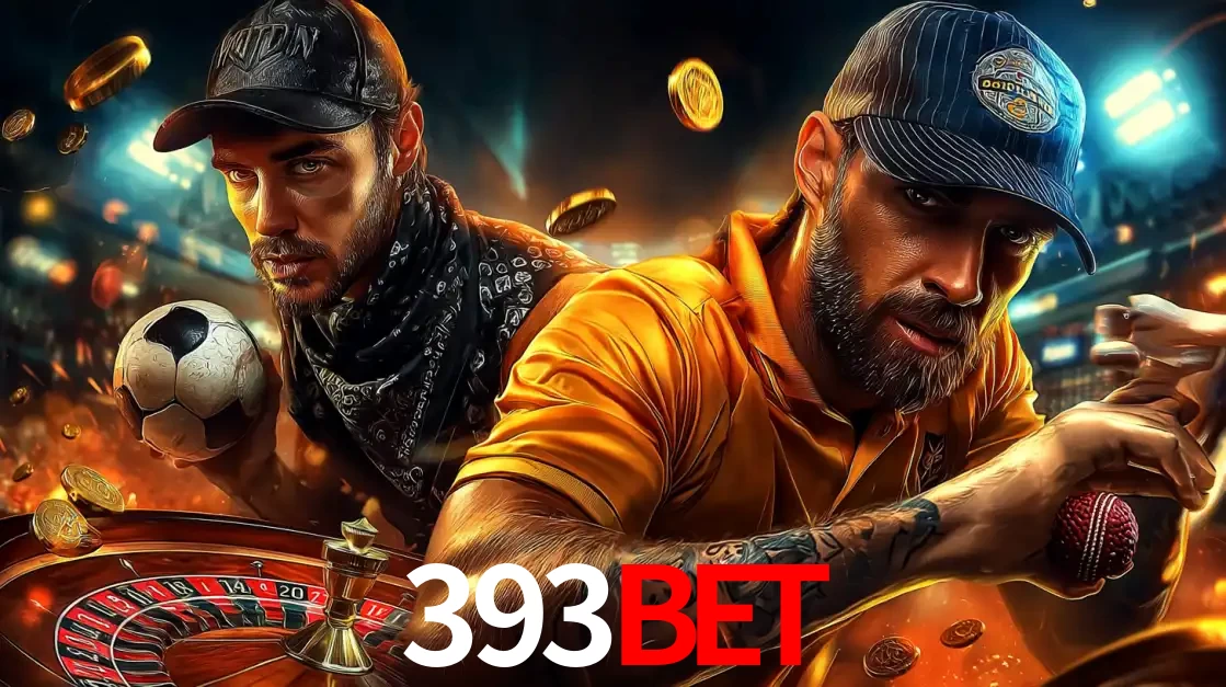 Montagem de apostas esportivas e cassino no 393bet, com um homem segurando uma bola de futebol e outro uma de beisebol sobre uma roleta e moedas voadoras.