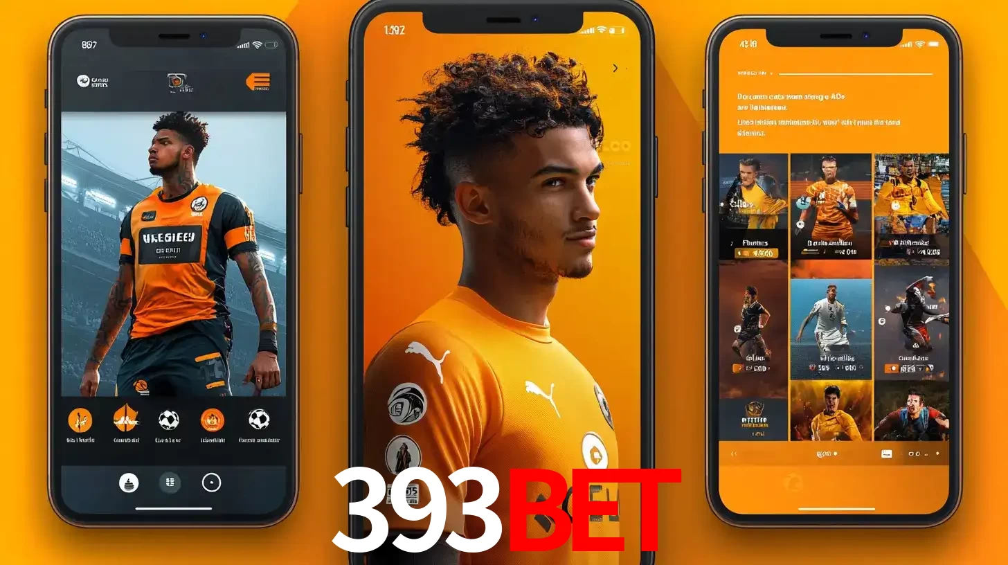 Interface do aplicativo de apostas esportivas 393bet em três telas de celular, mostrando o perfil de um jogador de futebol e a lista de jogos disponíveis para apostar.