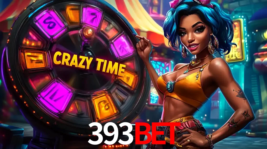 Mulher estilizada com cabelo azul e visual vibrante posando ao lado da roda de prêmios do game show Crazy Time, convidando para a diversão e os bônus do cassino 393bet.