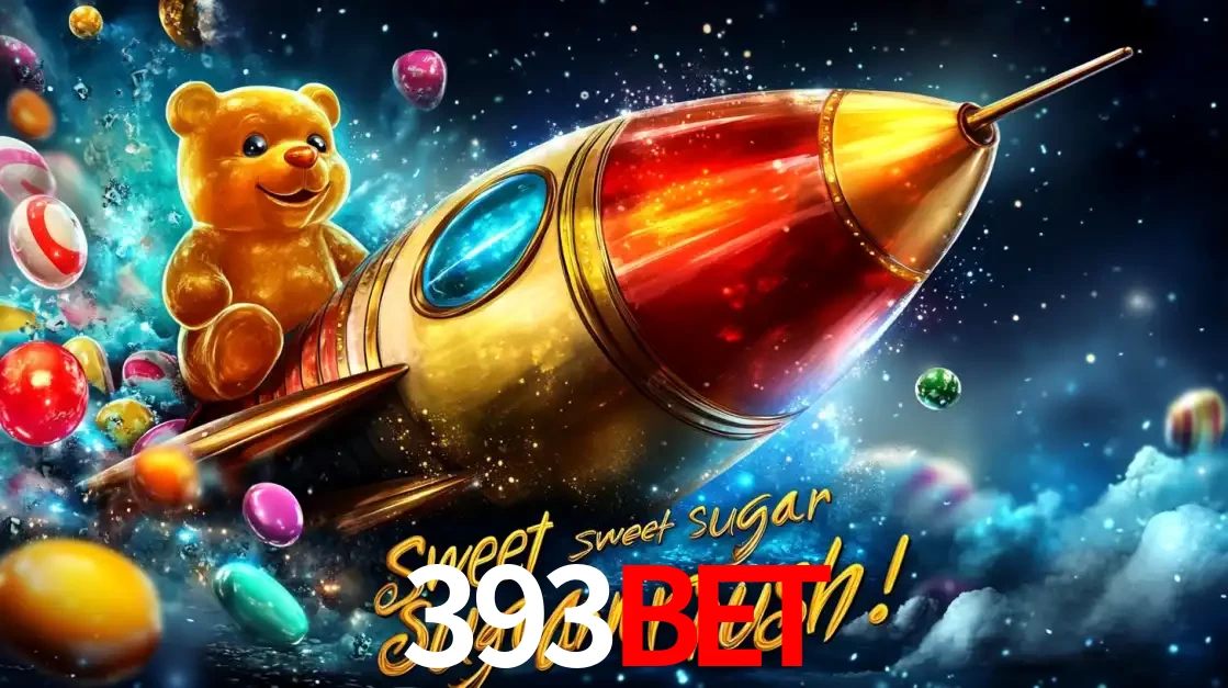 Arte promocional do jogo de slot Sugar Rush, com um urso de pelúcia em um foguete viajando pelo espaço de doces, um dos jogos divertidos disponíveis no cassino 393bet.