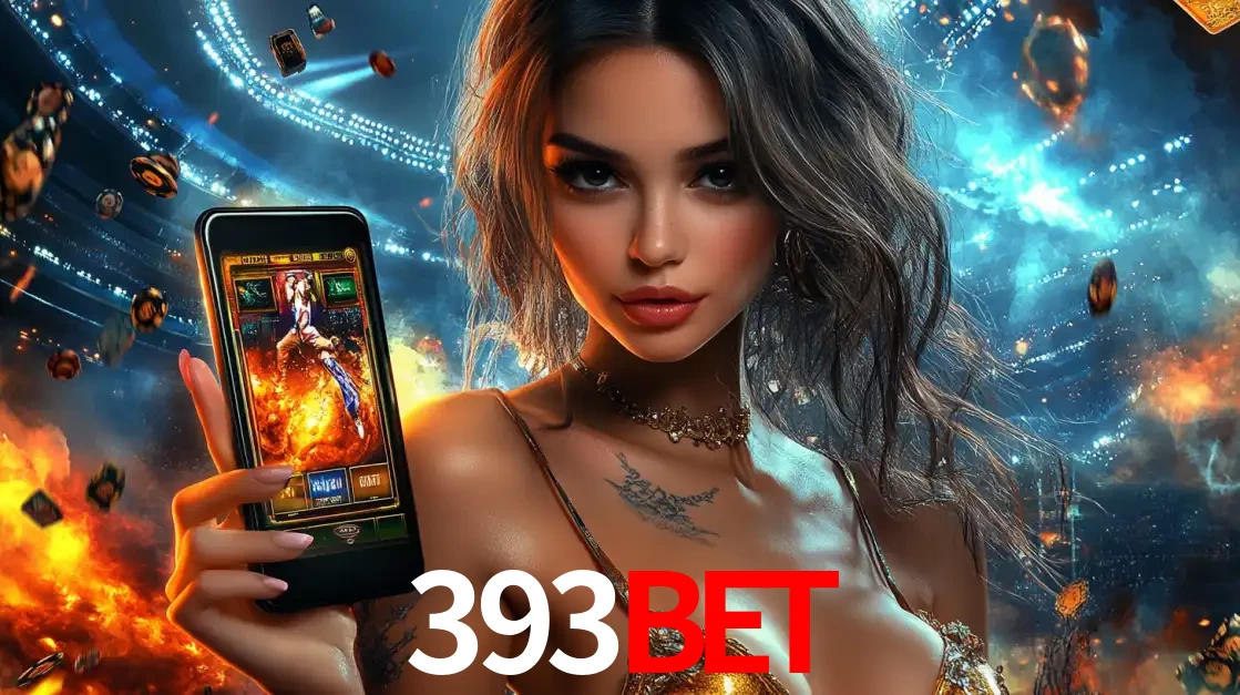 Mulher segurando um celular com um jogo de slot em destaque, tendo como fundo um estádio vibrante, simbolizando a emoção de jogar no cassino móvel 393bet.